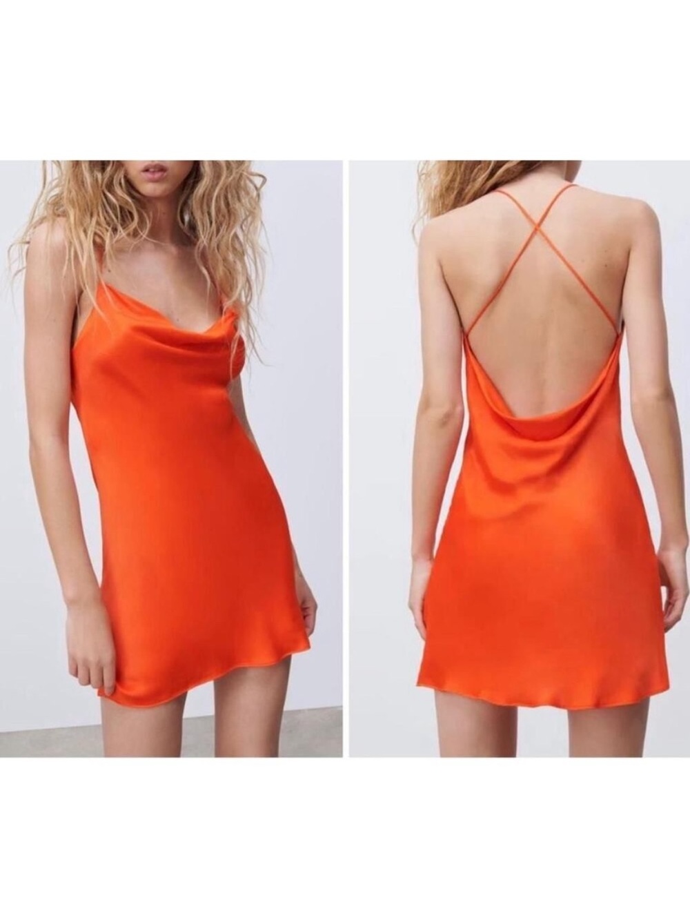 Zara Orange Satin Cowl Backless Slip Dress